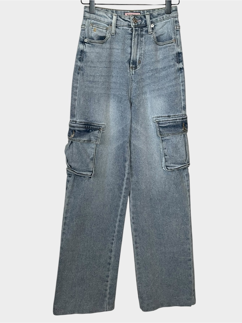 JUICY COUTURE Denim Cargo Wide Leg Jeans Pink Logo Size 0 Y2K - Picture 2 of 7